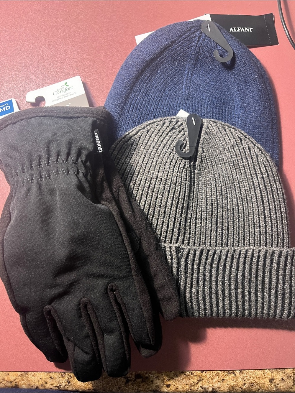 Men's Knit Beanie Duo in Navy and Gray with Black isotoner Gloves